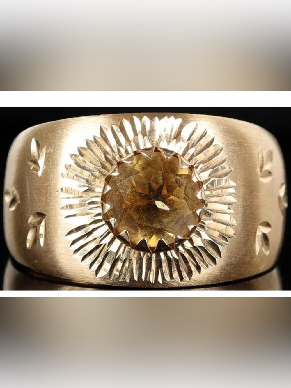 14k yellow gold floral carved ring with citrine